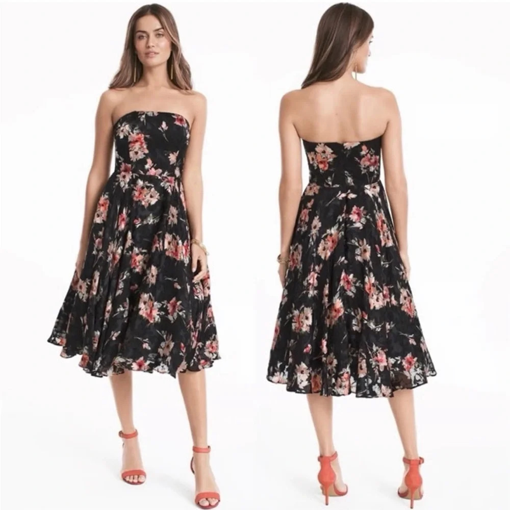 WHBM Strapless Midi Dress sz 8 Floral Textured Silk Blend Fit & Flare Cocktail
